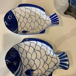 Dansk White and Blue Ceramic Fish Serving Dishes